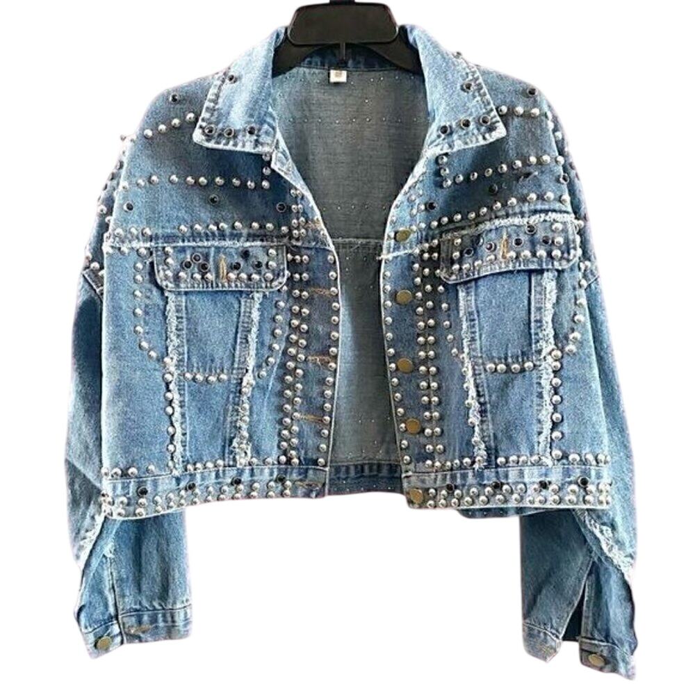 Studded Rhinestone Denim Jacket Western Glam Cropped Jean Jacket Blue